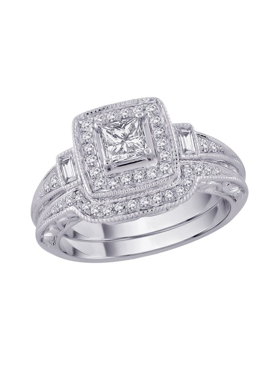 Multi Diamond Bridal Engagement Ring with Matching Shadow Band in 14K White Gold (3/4 cttw)