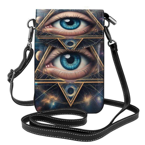 Multi-Dimensional All Seeing Eye Vintage Women Soft Pu Leather Cellphone Purse Wallet Handbag Small Crossbody Shoulder Bag 7.6x4.9inch