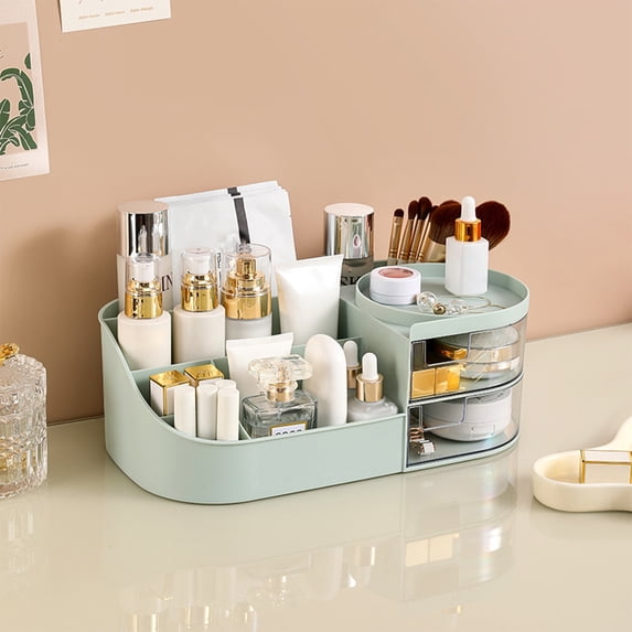 Multi Drawer Cosmetic Organizer with Open Compartments, Desktop Makeup Storage Box for Lipstick Brushes, Space Saving Beauty Station
