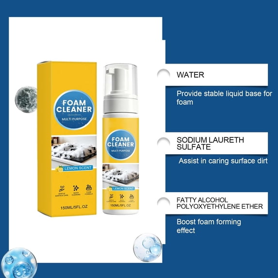 Multi-Enzyme Foam Cleaner, 5 Oz Foam No-Rinse Cleaner, Heavy Duty Lemon Scent Cleaning Spray for Car Interior, Kitchen Grease, Sofa Upholstery and More
