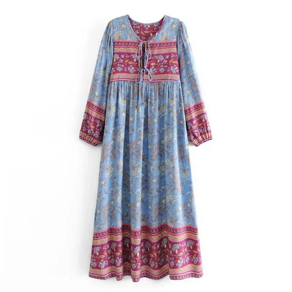 Multi Floral Print Vintage Women Tie Neck Tassel Beach Bohemian Maxi Dresses Robe Ladies Rayon Cotton Boho Dress Vestidos