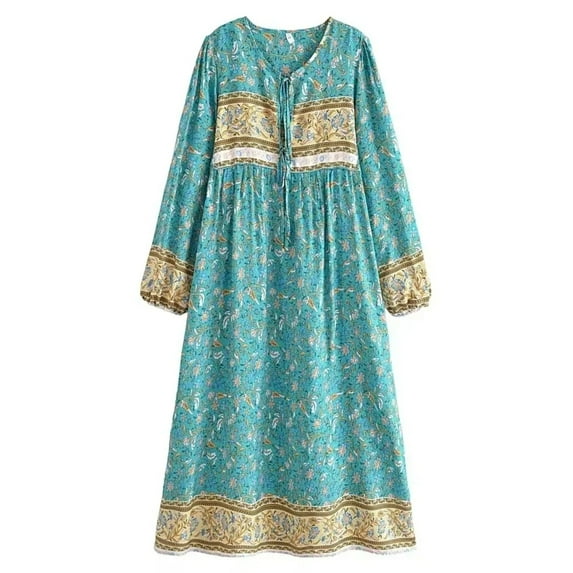 Multi Floral Print Vintage Women Tie Neck Tassel Beach Bohemian Maxi Dresses Robe Ladies Rayon Cotton Boho Dress Vestidos