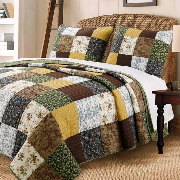 Multi Florar Patchwork Quilt Set 3Pcs Bedding Set Bedroom Bed 100% Cotton King Size