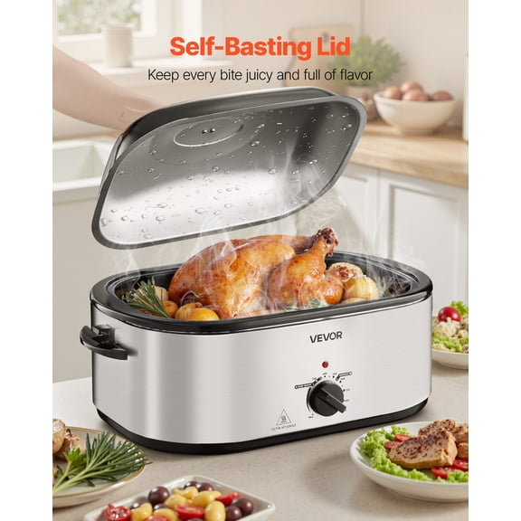 Multi-Function 24QT Electric Roasting Pan, Self-Basting Lid, 3-Bin Buffet Server, Adjustable Temperature (150-450°F) with Defrost & Warm Options