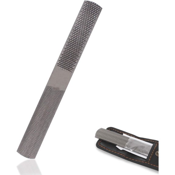 Multi-Function 4-in-1 File, High Carbon Steel Hand File, 4 Way Wood Rasp File with Flat/Half Round Sharps & Black Oxford Storage Bag, for Wood, Soft Metal, Plastic and etc. (1pcs)