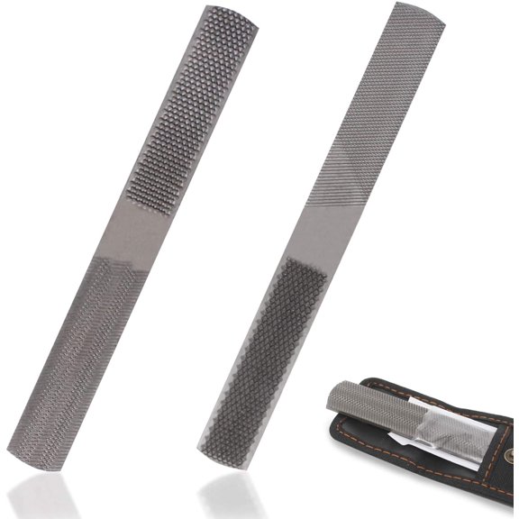 Multi-Function 4-in-1 File, High Carbon Steel Hand File, 4 Way Wood Rasp File with Flat/Half Round Sharps & Black Oxford Storage Bag, for Wood, Soft Metal, Plastic and etc. (2pcs)