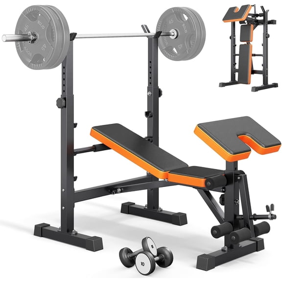 Multi-Function 6 in 1 Weight Bench Set - Leg Press, Preacher Curl Rack, Adjustable Workout Bench & Squat Rack for Full Body Exercise