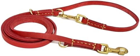 Multi Function 8ft Genuine Leather Hands Free Dog Training Leash for Puppy Small and Medium Dogs (8 Foot*3/8 inch, Red)