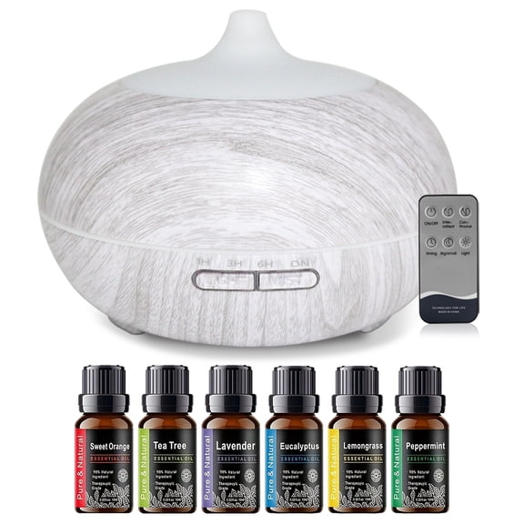 Multi Function Aromatherapy Diffuser & Humidifier Wood Grain Design, 550ml Tank, 7 LED Colors, Remote Control with 6 Essential Oils
