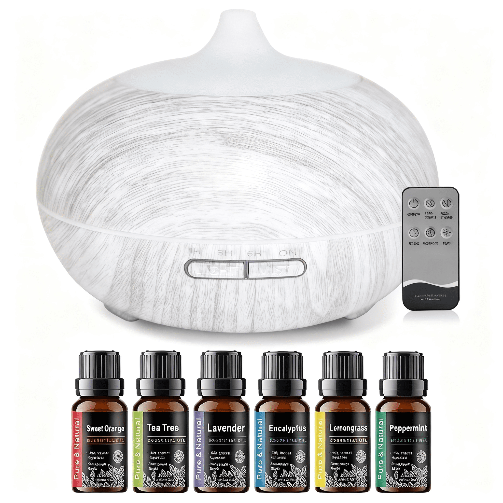 Multi Function Aromatherapy Diffuser & Humidifier Wood Grain Design, 550ml Tank, 7 LED Colors, Remote Control with 6 Essential Oils