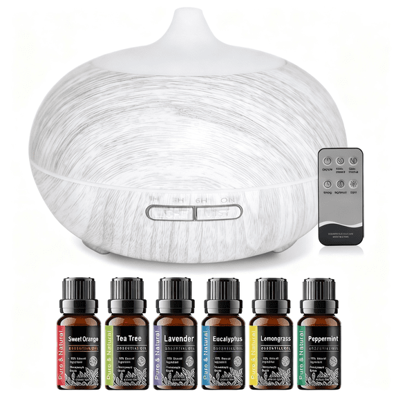 Multi Function Aromatherapy Diffuser & Humidifier Wood Grain Design, 550ml Tank, 7 LED Colors, Remote Control with 6 Essential Oils