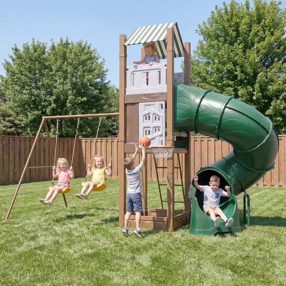 Multi-Function Backyard Playset for Kids 3-10, Heavy-Duty Galvanized Steel with Tube Slide, Dual Swings, Climbing Structure, Hoop & Built-in Sandbox