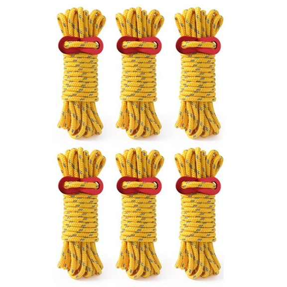 Multi-Function Camping Accessories, Night Reflective Aluminum Rope Adjuster Guyline, Premium Nylon For Enhanced Durability, Yellow, 6 Pack, 4M