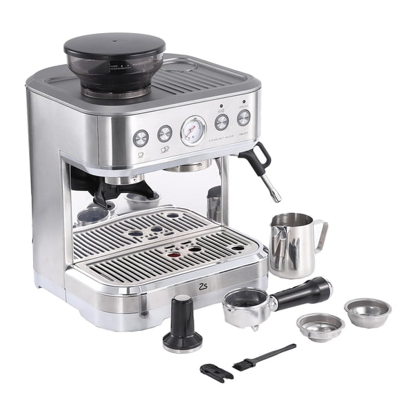 Multi-Function Coffee Maker Machine with Grinder 15 Bar Italian Pump, PID Temp Control, Milk Frother, 2.5L Tank, 250g Bean Bean Container, Stainless Steel for Home & Office