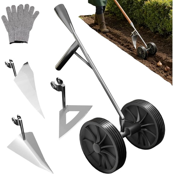 Multi Function Cultivator Plow with Double Wheels, Manual Grass Hoe Metal Frame & Sturdy Structure, Manual Garden Push Plow Ideal for Backyard Patio Courtyard Gardening (D)