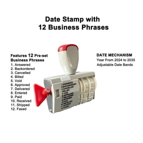 Multi-Function Date Stamp with 12 Business Phrases, 4mm Print Size