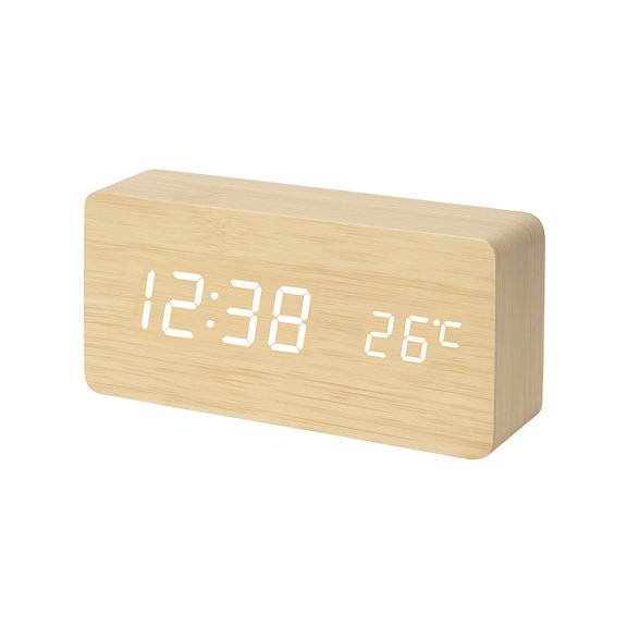 Multi-Function Digital Clock, Adjusting Brightness LED Alarm Clock with Time/Date/Temp Display Wooden Clock Smart Sleep Mode & DC/Battery for Home Office Travel