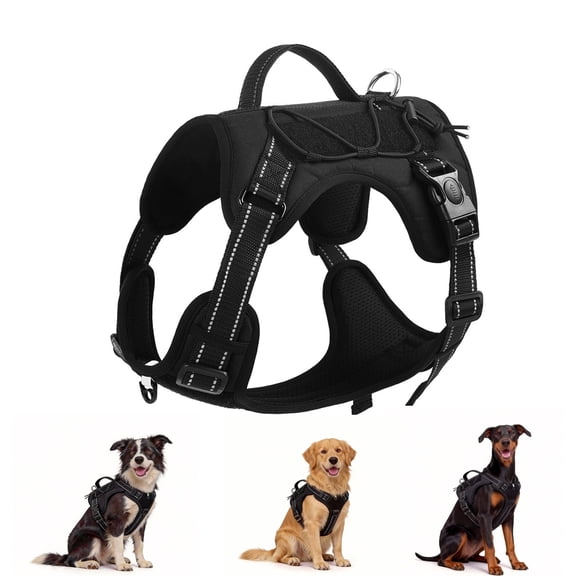 Multi-Function Dog Harness, No Pull Dog Vest Harness with Velcro Name Patch Panel, Thickened Control Handle, Lockable Buckle and Reflective Trims for Medium Large Dogs, Black, L