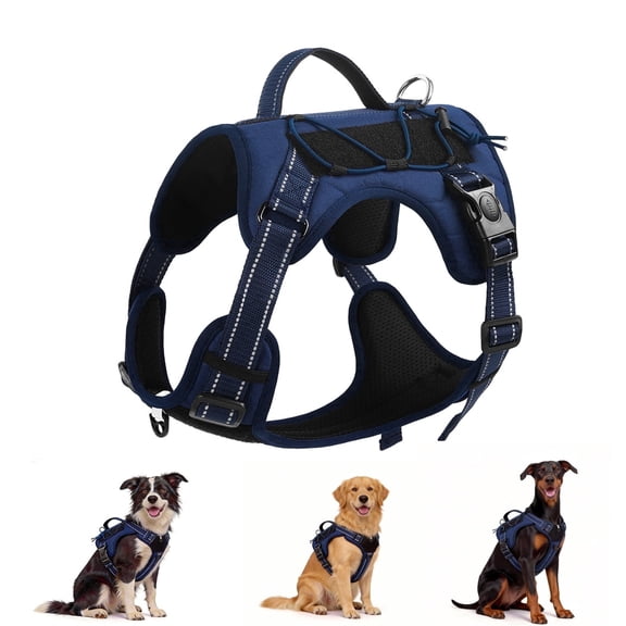 Multi-Function Dog Harness, No Pull Dog Vest Harness with Velcro Name Patch Panel, Thickened Control Handle, Lockable Buckle and Reflective Trims for Medium Large Dogs, Dark Blue, L
