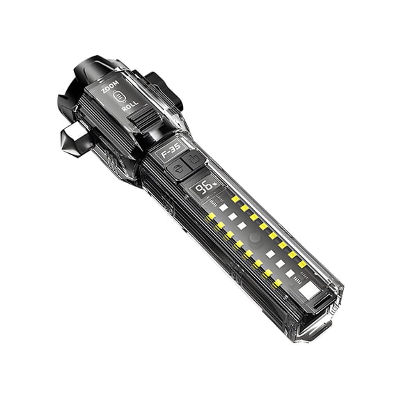 Multi-Function Emergency Flashlight with Zoom Roller, Window Breaker, Seatbelt Cutter, Alarm, and USB Power Bank for Outdoor Survival in Black