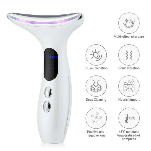 Multi-Function Facial & Neck Massager with Heat, Vibration, Red/Blue/Green Light, and EMS Microcurrent, Handheld Skincare Tool for At-Home Spa Routines, White