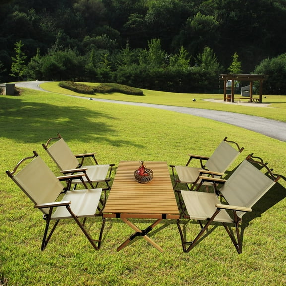 Multi-Function Foldable And Portable Dining Set, 1 Dining Table & 4 Folding Chairs, Indoor And Outdoor Universal ,Natural