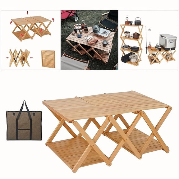 Multi-Function Foldable Table with Built-In Storage Shelves, Portable Design with Carrying Bag, Solid Beech Wood for Indoor, Casual Dining, and Events