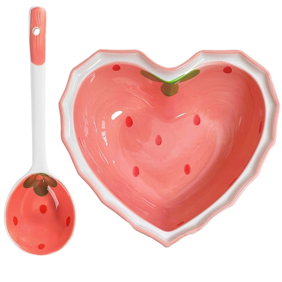 TOYMYTOY Cute Heart Shaped Strawberry Bowl and Spoon Ceramic Serving Set