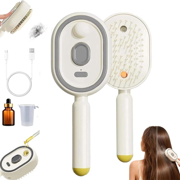 Multi-Function Hair Mist Spray Comb, Electric Steam Brush for Hair, 3-in-1 Electric Mist Spray Hair Brush, Anti-Tangle, Anti-Static Styling Tool for Dry Frizzy Hair (Beige)