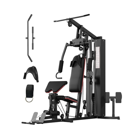 Multi-Function Home Gym Equipment for Strength Training 150LB Weight Stack Full Body Workout Machine with High/Low Pulley, Leg Press, Butterfly Arms, Adjustable Bench Resistance Training Black