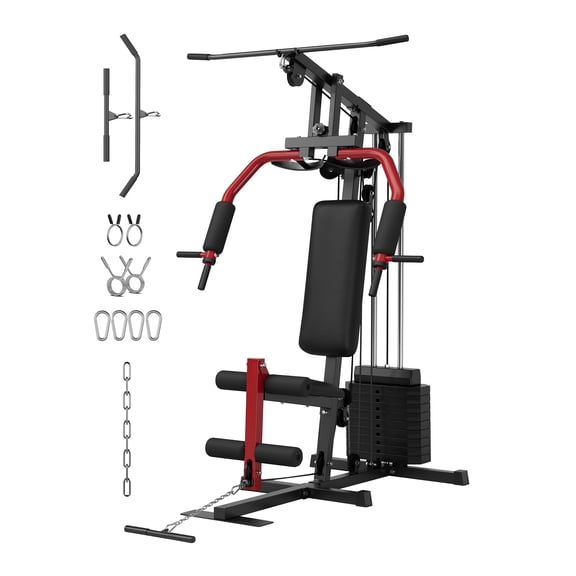 Multi-Function Home Gym Machine, 100 lb Weight Stack Cable Pulley System - Chest Press/Pec Fly - Lat Pulldown/Low Row - Compact Full-Body Strength Training Station, Color: Red-Black