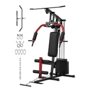 Multi-Function Home Gym Machine, 100 lb Weight Stack Cable Pulley System - Chest Press/Pec Fly - Lat Pulldown/Low Row - Compact Full-Body Strength Training Station, Color Red-Black