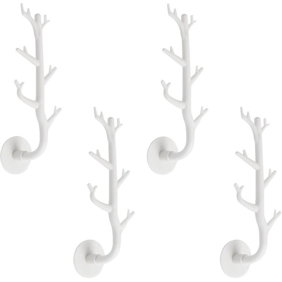 Multi-Function Hook, 4PCS Creative Tree Branch Design Decorative Wall Mounted Drapery Tiebacks, Self Adhesive Curtain Tiebacks, L Shaped Towel Hook, White