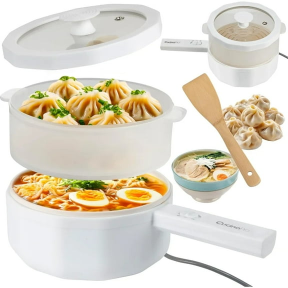Multi Function Hot Pot Cooker 1.5L- Electric 3 in 1 Non Stick Machine Acts as Ricer Cooker, Dumpling Steamer or Stir Fry Maker- Mini Portable for Rapid Ramen Noodles- Includes Basket, Spatula