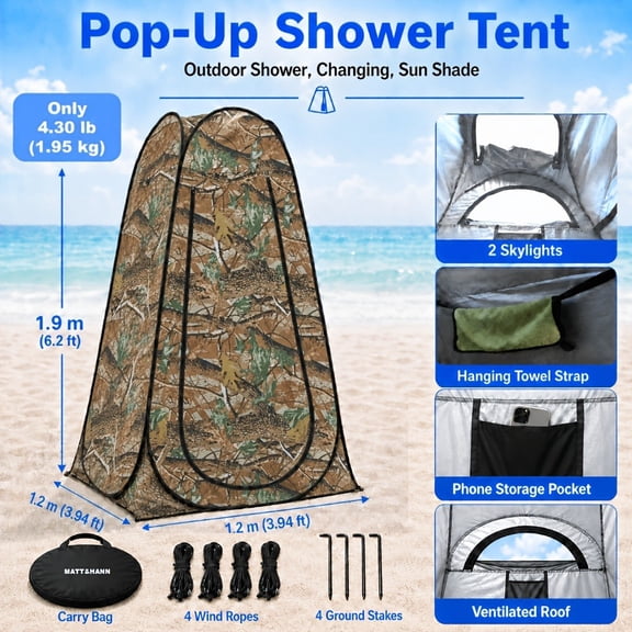 Multi‑Function Instant‑Setup Shower Tent, Outdoor Privacy Shelter for Showering, Changing & Toilet Use, Tree Camo in Blue & Black, Ideal for Fishing, Bird‑Watching, Photography and Camping