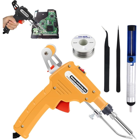 Multi-Function Iron Welder, Soldering Gun Automatic Hand-held Solder Iron Kit, Electric Welding Gun for One-hand Welding Repair & DIY, with Desoldering Pump, Tweezers, Soldering Wires (Yellow)