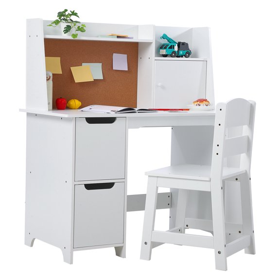 Multi-Function Kids Table and Chair Set Wooden Study Desk with Hutch, Bookshelf, Storage Cabinets & Bulletin Board Ideal for Boys and Girls Ages 3-8 Perfect for Home Study and School
