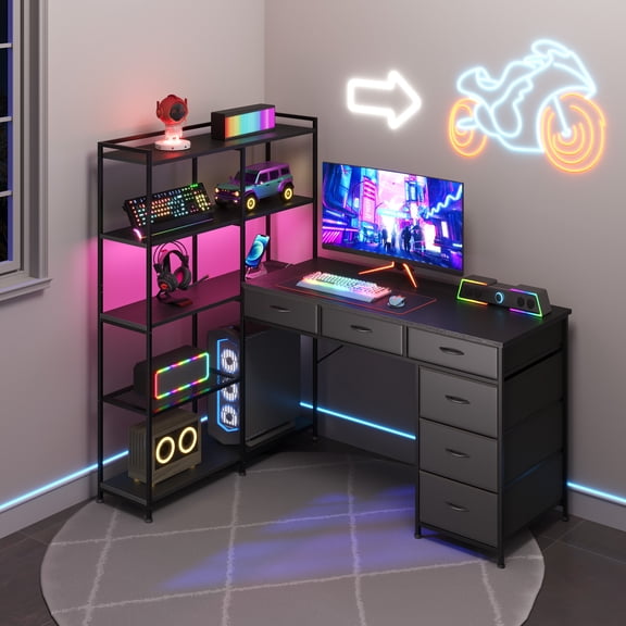 Multi-Function L-Shaped Computer Desk – 6 Drawers, 5-Tier Storage, LED Lighting, Power Outlets & USB/Type-C, Reversible Corner Gaming Workstation for Home Office, Black