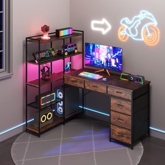 Multi-Function L-Shaped Computer Desk – 6 Drawers, 5-Tier Storage, Reversible Corner Workstation with LED, Power Outlets, USB/Type-C, for Home Office & Gaming, Brown