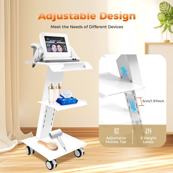 Multi-Function Lab Trolley Cart, 3 Tier Rolling Cart with Sockets, Instrument Tray Rolling Clinic Cart