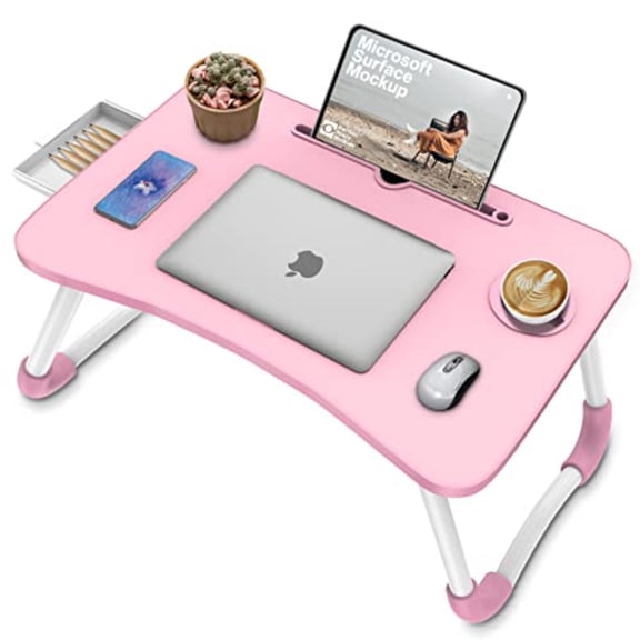 Multi-Function Laptop Bed Table with Storage Drawer and Cup Holder, Lap Desk Stand Tray for Eating, Reading and Working