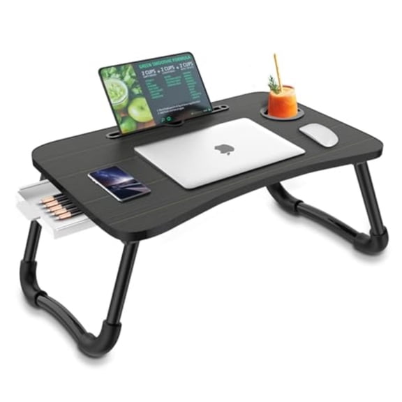 Multi-Function Laptop Bed Table with Storage Drawer and Cup Holder, Lap Desk Stand Tray for Eating, Reading and Working