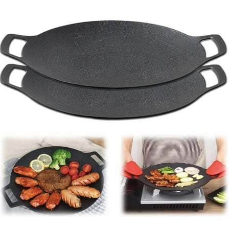 Multi-Function Medical Stone Grill Pan Non-Stick Pan, Korean BBQ Grill Pan With Anti Scalding Handle, Cast Iron Round Griddle Pan For Indoor Or Outdoor Grilling