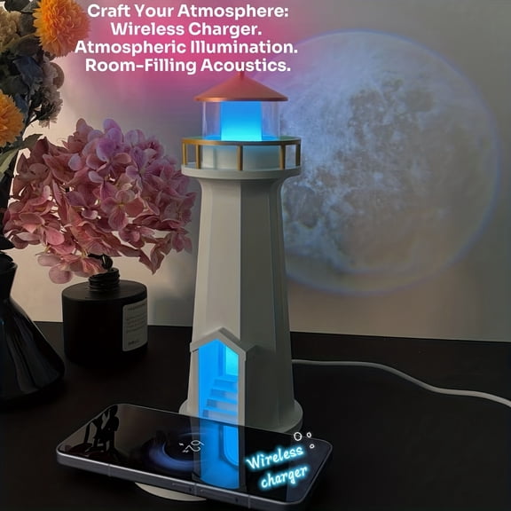 Multi-Function Moonlight Lighthouse Projector with Wireless Speaker, Phone Charger, and Ambient Night Light for Home Decor