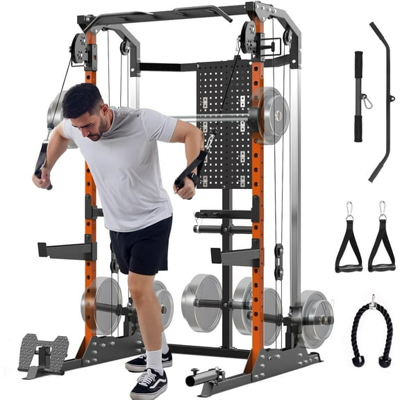 Multi-Function Power Cage 2000LB Capacity w/ Dual Independent Pulley System+Adjustable Cable Crossover for Home Gym&Garage Workouts