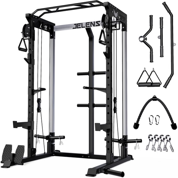 Multi-Function Power Rack Cage,2000lbs Dual Pulley Cable Crossover Machine with J Hooks, Dip Bars & Landmine for Home Gym with Barbell and Weight Bench and 190LB Plates