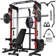 FORGEMUS Multi-Function Power Rack Cage,2000lbs Dual Pulley Cable Crossover Machine for Home Gym with Barbell and Weight Bench and 190LB Plates