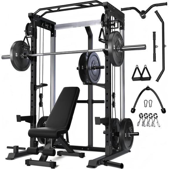 Multi-Function Power Rack Cage,2000lbs Dual Pulley Cable Crossover Machine with J Hooks, Dip Bars & Landmine for Home Gym with Barbell and Weight Bench and 190LB Plates