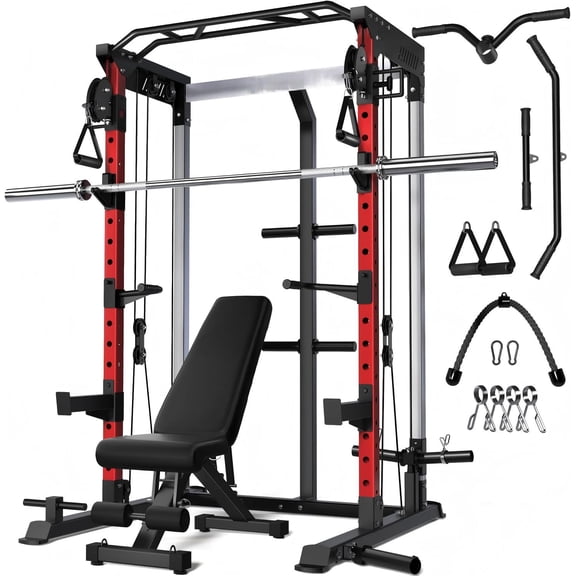 Multi-Function Power Rack Cage,2000lbs Dual Pulley Cable Crossover Machine with J Hooks, Dip Bars & Landmine for Home Gym with Barbell and Weight Bench