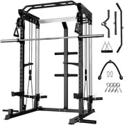 Multi-Function Power Rack Cage,2000lbs Dual Pulley Cable Crossover Machine with J Hooks, Dip Bars & Landmine for Home Gym with Barbell